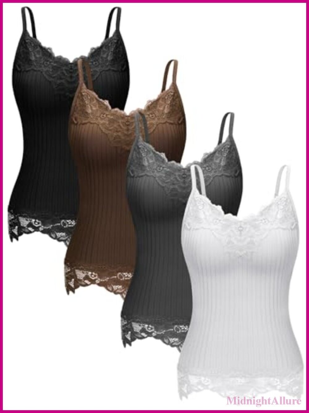 4 Pack Women's Long Lace Camisole Tank Tops Spaghetti Strap V-Neck